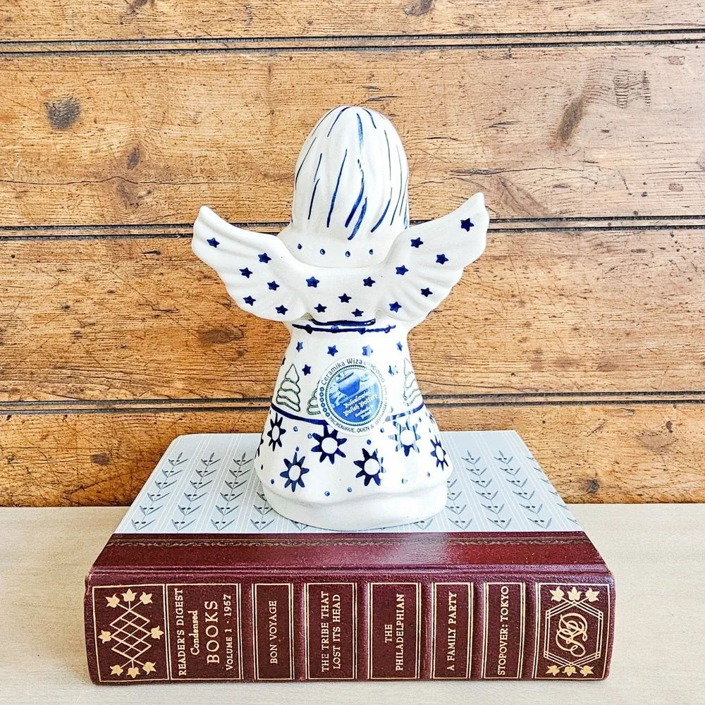 Vtg Polish Pottery Angel Taper Candle Holder Figurine Boleslawiec Cobalt Blue